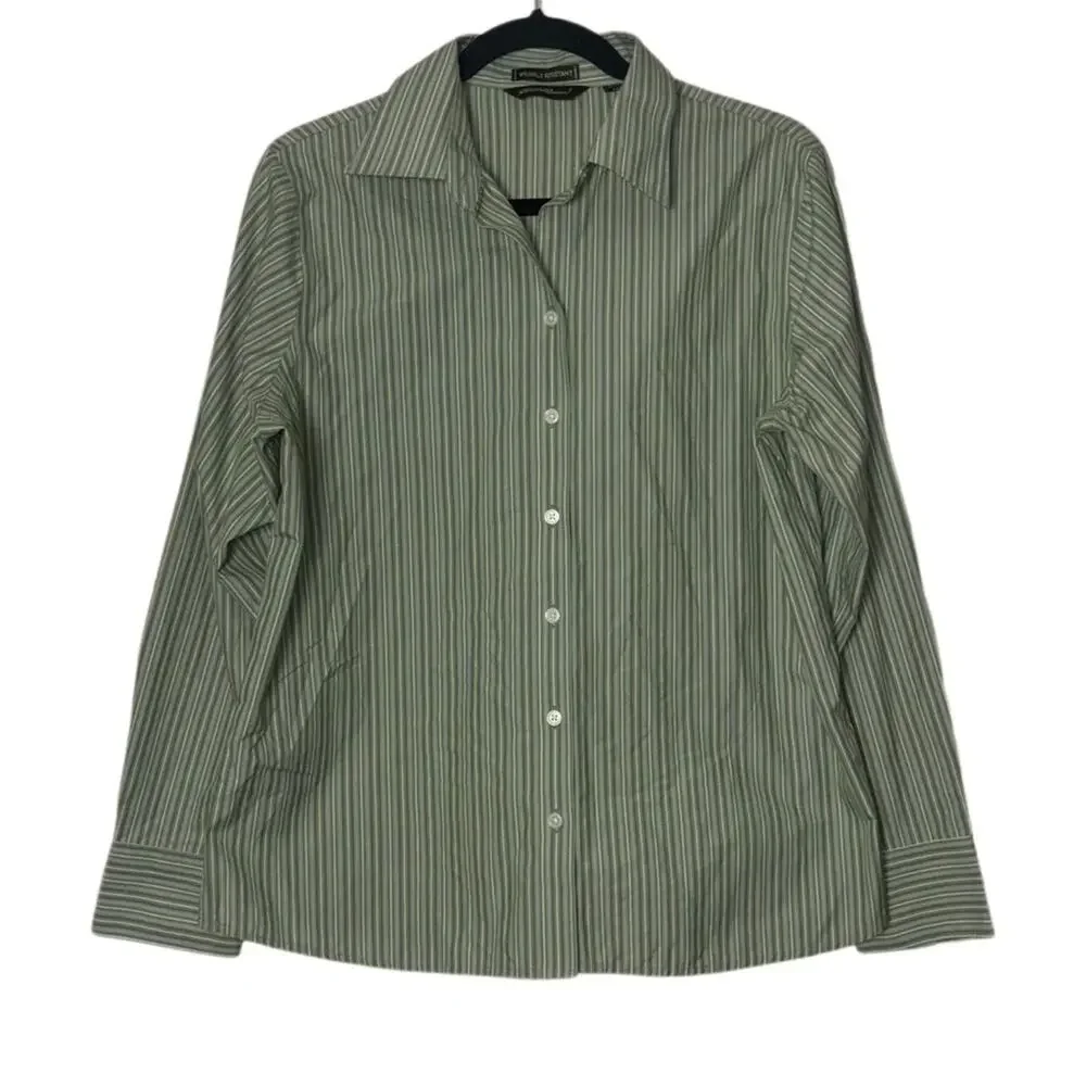 Eddie Bauer button up Woman's size Large 100% Cotton Striped green